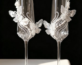 Handmade Floral Pearl Champagne Flutes, Set of 2 Wedding Glasses