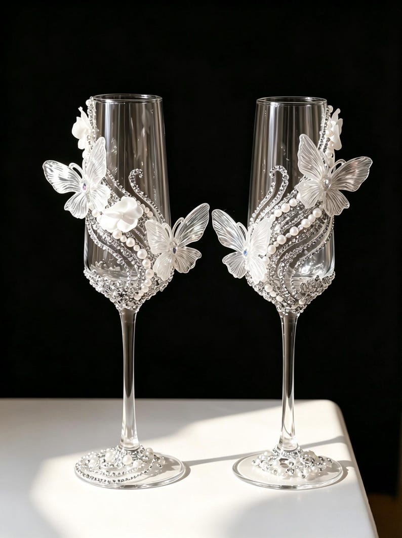 May include: Two clear champagne flutes decorated with white butterflies, pearls, and rhinestones. The butterfly and pearl design adorns the glass, and the base is embellished with rhinestones. The flutes are set against a black background.