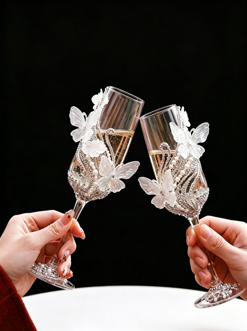 May include: Two champagne flutes clink together, filled with a golden liquid. Each glass is adorned with white butterflies, pearls, and sparkling rhinestones. The stem and base are also decorated with rhinestones and pearls, set against a black background.