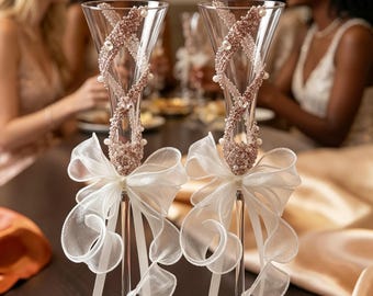 Handmade Floral Pearl Champagne Flutes, Set of 2 Wedding Glasses