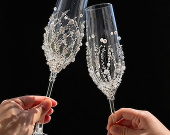 Handmade Floral Pearl Champagne Flutes, Set of 2 Wedding Glasses