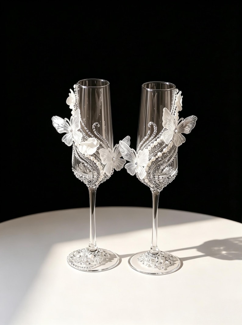 May include: Two clear champagne flutes with intricate embellishments. Each glass features white butterfly and floral accents, along with sparkling rhinestones and pearls. The stems and bases are also adorned with rhinestones, creating an elegant look.