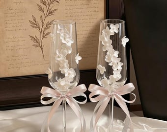 Handmade Floral Pearl Champagne Flutes, Set of 2 Wedding Glasses