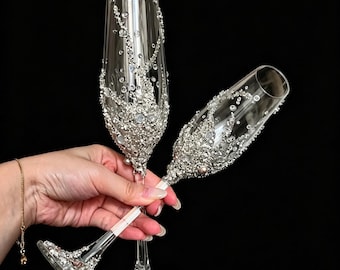 Handmade Floral Pearl Champagne Flutes, Set of 2 Wedding Glasses