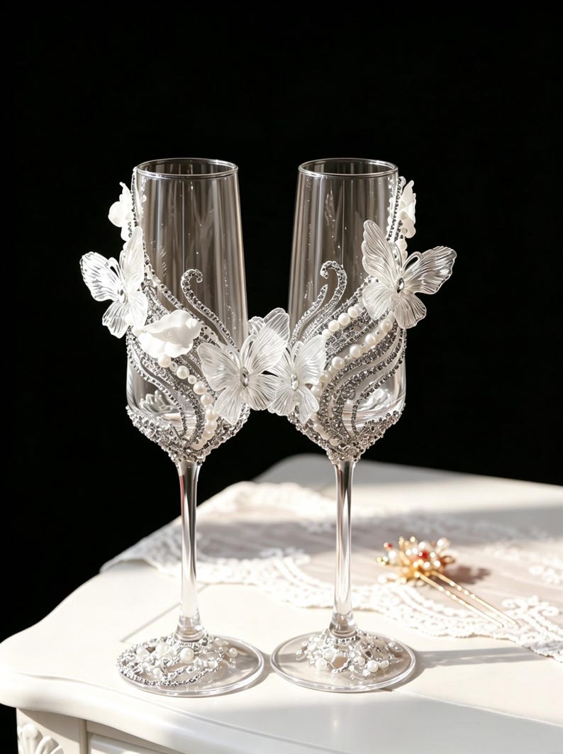 May include: Two clear champagne flutes, adorned with white butterfly and floral embellishments, silver rhinestones, and faux pearls. The stems are slender, and the bases are decorated with matching rhinestones and pearls. A decorative hairpiece is in the background.