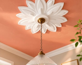 Ceiling Medallion 15 in, Art Nouveau Botanical Plaster Ceiling Rose for Chandelier — Lotus