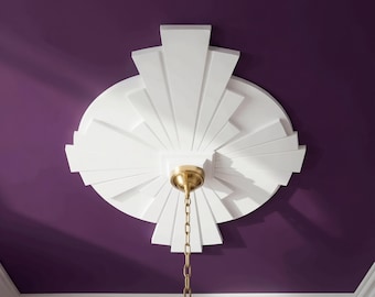 Ceiling Medallion 14 in, Elongated Art Deco Plaster Ceiling Rose for Chandelier — Astoria