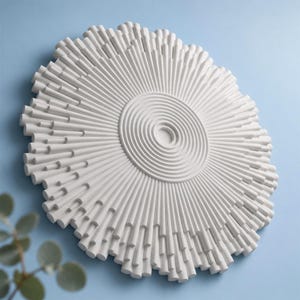 May include: A circular white wall medallion featuring a central series of concentric rings surrounded by a radiating pattern of cylindrical rods of varying lengths, creating a textured, sunburst-like appearance on a flat surface.