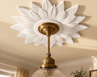 Ceiling Medallion 10 in, English Floral Cottage Plaster Ceiling Rose for Pendant Light — Sunflower