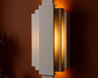 Plaster Wall Sconce, Geometric Art Deco, Battery or Hardwired Wall Light — Stepped
