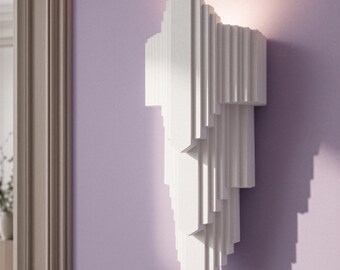 Plaster Wall Sconce, Architectural Art Deco, Battery or Hardwired Wall Light — Stepped Geometric