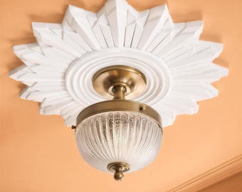 Ceiling Medallion 15 in, Art Deco Retro Plaster Ceiling Rose for Chandelier — Sunburst