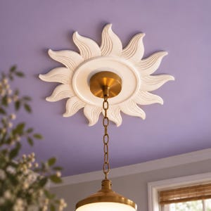 May include: A white sun-shaped ceiling medallion with curved rays mounted on a purple ceiling. A brass-toned pendant light fixture with a matching brass chain and canopy is centered within the medallion, extending downward from the center.