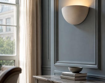 Plaster Wall Sconce, Minimal Half Moon, Battery or Hardwired Wall Light — Pebble