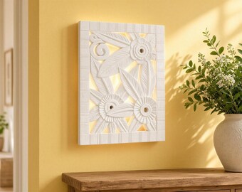 Plaster Wall Light, Botanical Carving, Battery or Hardwired — Floral Sconce