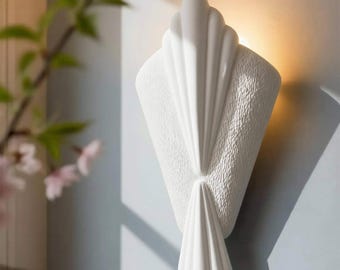 Plaster Wall Sconce, Seashell Inspired, Battery or Hardwired Wall Light — Coastal Scallop