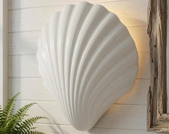 Scallop Shell Hallway Bathroom Wall Light No Wiring | Neptune Coastal Plaster Sconce 7x7" | Battery or Mains, Paintable | Handmade UK