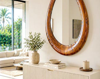 Large Mahogany Wood Mirror – Handcrafted & CNC Precision Frame – Modern Statement Wall Mirror