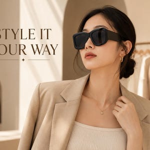 Könnte beinhalten: Eine Person trägt eine große, quadratische schwarze Sonnenbrille. Sie trägt auch einen beigen Blazer und ein cremefarbenes Oberteil. Der Text "STYLE IT YOUR WAY" wird in der oberen linken Ecke des Bildes angezeigt.