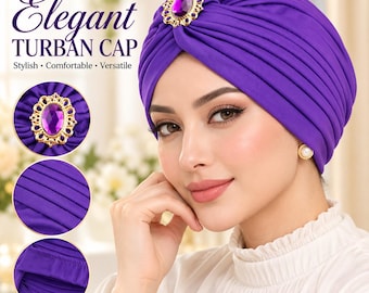 Turbante da donna plissettato, fascia per capelli pre-annodata, berretto elasticizzato con decorazioni gioiello.