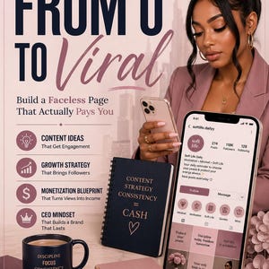 May include: Image promoting theme page monetization. Features a woman holding a phone displaying an Instagram page. Includes books with titles like "Content Strategy Consistency = Cash" and a mug with "Discipline Focus Consistency Success".