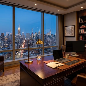 Può includere: Un lussuoso ufficio domestico con una splendida vista notturna sul paesaggio urbano. La stanza è dotata di una grande scrivania in legno, una sedia in pelle e una libreria piena di libri. Una lampada da scrivania dorata e un computer portatile sono sulla scrivania. La finestra offre una vista panoramica sullo skyline della città.