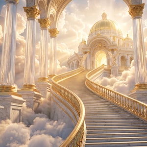 May include: A grand marble staircase with gold railings curves upward toward a domed palace amidst clouds. Tall white columns with gold accents frame the scene. A plaque at the base reads In Memory of the Celestial Kingdom in gold lettering.