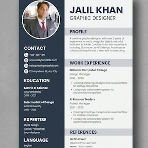 May include: A professional resume for Jalil Khan, a graphic designer. The resume includes contact information, education, expertise, and work experience. The resume is primarily white with a dark blue sidebar and a photo of the designer.