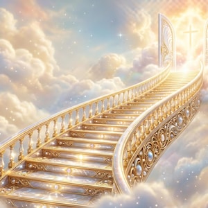 Pode incluir: Representação artística de uma escadaria dourada que ascende ao céu. A escadaria é ladeada por corrimãos ornamentados e conduz a uma luz brilhante, sugerindo um reino celestial. A cena se passa em meio a nuvens fofas.