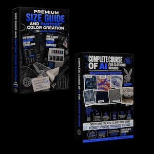 Puede incluir: Dos cajas negras con texto azul. La caja izquierda dice "PREMIUM SIZE GUIDE AND PANTONE COLOR CREATION" y "HOW TO CREATE SIZE GUIDES FOR YOUR CLOTHING BRAND". La caja derecha dice "COMPLETE COURSE OF AI FOR CLOTHING BRANDS".