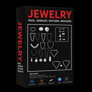 Puede incluir: Una caja negra con la palabra "JEWELRY" en rojo. La caja contiene vectores de joyería, maquetas e incluye collares, pulseras, colgantes y anillos. La caja es 100% personalizable y compatible con Photoshop, Illustrator, Procreate y Canva.