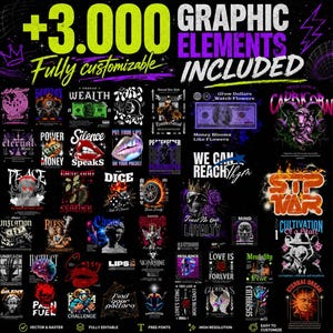Puede incluir: Una colección de elementos gráficos negros con el texto "+3.000 GRAPHIC ELEMENTS INCLUDED". Los diseños presentan calaveras, labios, dinero y otras ilustraciones. También está presente el texto "Fully customizable".
