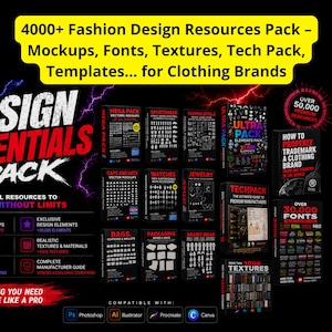 Puede incluir: Imagen promocional de recursos de diseño de moda. Muestra una colección de paquetes de diseño, incluyendo maquetas, fuentes, texturas y plantillas. Los paquetes son para marcas de ropa e incluyen más de 30.000 elementos de diseño y 1.600 texturas.