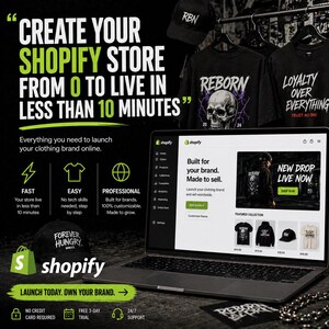 Puede incluir: Imagen promocional en negro y verde para Shopify. La imagen presenta una computadora portátil que muestra un sitio web de Shopify, camisetas con gráficos de calaveras y el texto "CREA TU TIENDA SHOPIFY EN MENOS DE 10 MINUTOS."