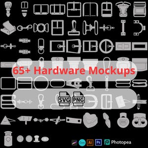 May include: A collection of over 65 hardware mockups in a variety of styles, including buckles, clasps, and fasteners. The image includes the text "65+ Hardware Mockups" and icons for SVG and PNG file formats. The background is black.