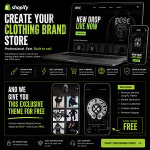 May include: A promotional graphic for Shopify, advertising a service to create an online clothing brand store. The image features a laptop and two smartphones displaying a website interface. Text includes "Create Your Clothing Brand Store" and "New Drop Live Now."