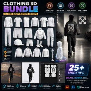 Clothing 3D Mockup Bundle, 3D Apparel Templates, Fashion Design Pack, Garment 3D Models, Streetwear Mockups, Clothing Brand Kit