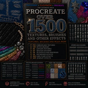 Puede incluir: Un paquete de diseño digital para Procreate, Photoshop e Illustrator, con más de 1500 texturas, pinceles y efectos. Incluye texturas de camuflaje, puntadas, cuero y acolchado, efectos 3D, destellos de lente y efectos de joyería.