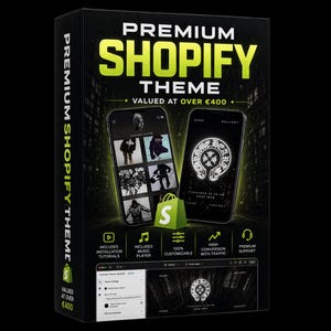 Puede incluir: Una caja negra con las palabras "PREMIUM SHOPIFY THEME" en verde y blanco. Muestra dos pantallas de smartphone con interfaces de aplicaciones. También se ve el texto "VALUED AT OVER €400" e iconos.
