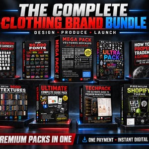 Peut inclure: Le Complete Clothing Brand Bundle comprenant neuf boîtes de produits numériques, dont Mega Pack Vector Mockups, 30 000 polices, Ultra Pack Elements, How to Properly Trademark a Clothing Brand, 1600 textures, Ultimate Complete Guide Pack, Techpack et Premium Shopify Theme.