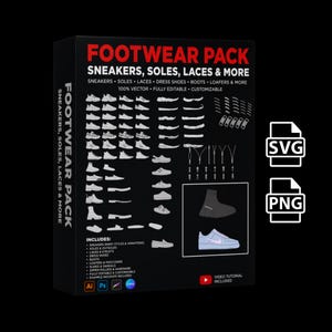 Peut inclure: Une boîte noire avec l'inscription "FOOTWEAR PACK" en rouge, présentant divers modèles de chaussures, semelles, lacets et plus encore. Comprend des baskets, des chaussures habillées, des bottes et des mocassins. Entièrement modifiable et personnalisable, fichiers SVG et PNG.