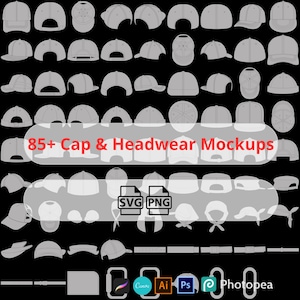 Puede incluir: Una colección de más de 85 maquetas de gorras y sombreros en varios estilos y ángulos, mostradas sobre un fondo negro. La imagen incluye el texto "85+ Cap & Headwear Mockups" e iconos para los formatos de archivo SVG y PNG, junto con logotipos de software de diseño.