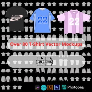 Puede incluir: Un gráfico digital que muestra más de 80 maquetas vectoriales de camisetas. La imagen presenta tres diseños de camisetas: una camiseta negra con un gráfico, una camiseta azul con el número 22 y una camiseta a rayas rosas y blancas con el número 22. También se incluye el texto "Over 80 T-Shirt Vector Mockups".