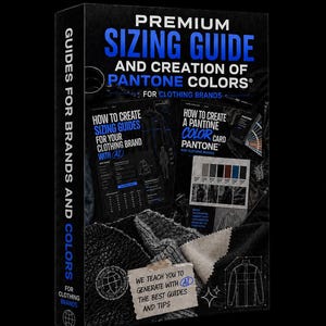 Puede incluir: Un libro negro titulado "Premium Sizing Guide and Creation of Pantone Colors" para marcas de ropa. La portada presenta texto y gráficos azules, con texto adicional sobre la creación de guías de tallas y tarjetas de color Pantone. El libro incluye el texto "We teach you to generate with AI the best guides and tips."