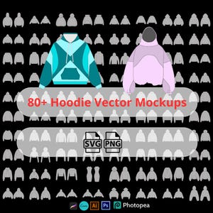 Puede incluir: Gráfico digital con más de 80 maquetas vectoriales de sudaderas con capucha. Dos sudaderas destacadas son turquesa y rosa. La imagen incluye el texto "80+ Hoodie Vector Mockups" e iconos para archivos SVG y PNG.
