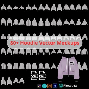 Puede incluir: Una colección de maquetas vectoriales de sudaderas con capucha en varios estilos, sobre un fondo negro. La imagen incluye el texto "80+ Hoodie Vector Mockups", junto con iconos de tipo de archivo SVG y PNG. También se muestra una sudadera con capucha lavanda con el número 22.