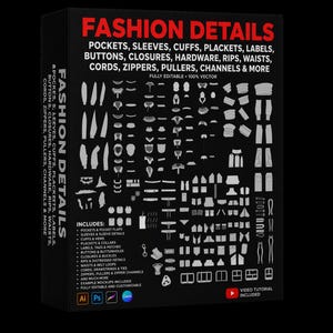 900+ Fashion Details Mockups Bundle, Pockets Sleeves Collars Zippers Buttons Labels Hardware Vector Templates SVG