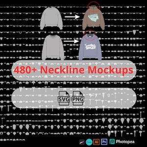 Puede incluir: Imagen que muestra maquetas de cuellos de sudaderas. Una sudadera gris se transforma en una cremallera marrón y una sudadera gris se transforma en un cuello redondo azul. El texto dice "480+ Neckline Mockups". Incluye iconos de archivos SVG y PNG.