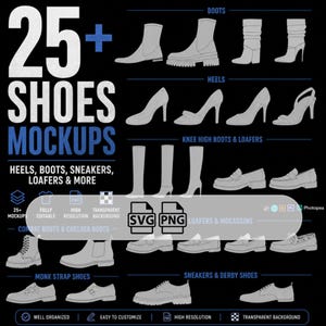 May include: A graphic showcasing 25+ shoe mockups, including boots, heels, sneakers, and loafers. The image features various shoe styles, such as combat boots, Chelsea boots, monk strap shoes, and derby shoes, with the text "25+ SHOES MOCKUPS".