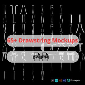 Puede incluir: Una colección de más de 65 maquetas de cordones blancos en varios estilos, sobre un fondo negro. La imagen incluye iconos de archivos SVG y PNG, junto con logotipos de software de diseño.